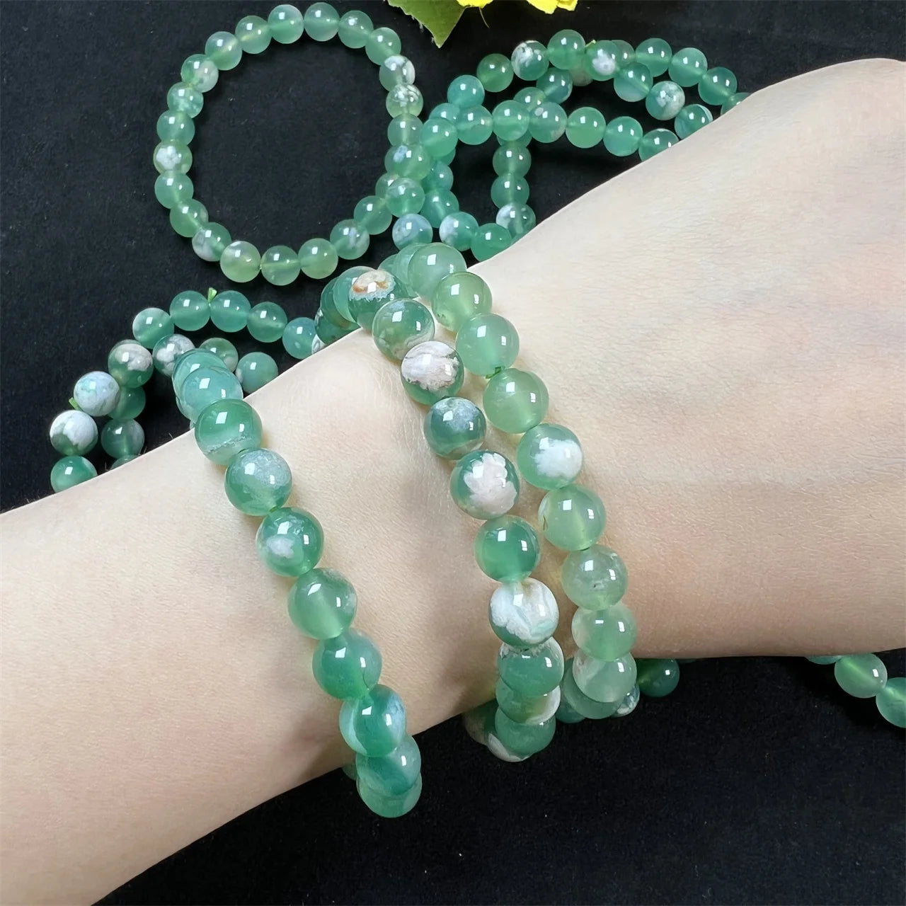 Natural Green Flower Agate Bracelets Stone Jewellery Healing Quartz Bead Gemstone Crystal Bracelet