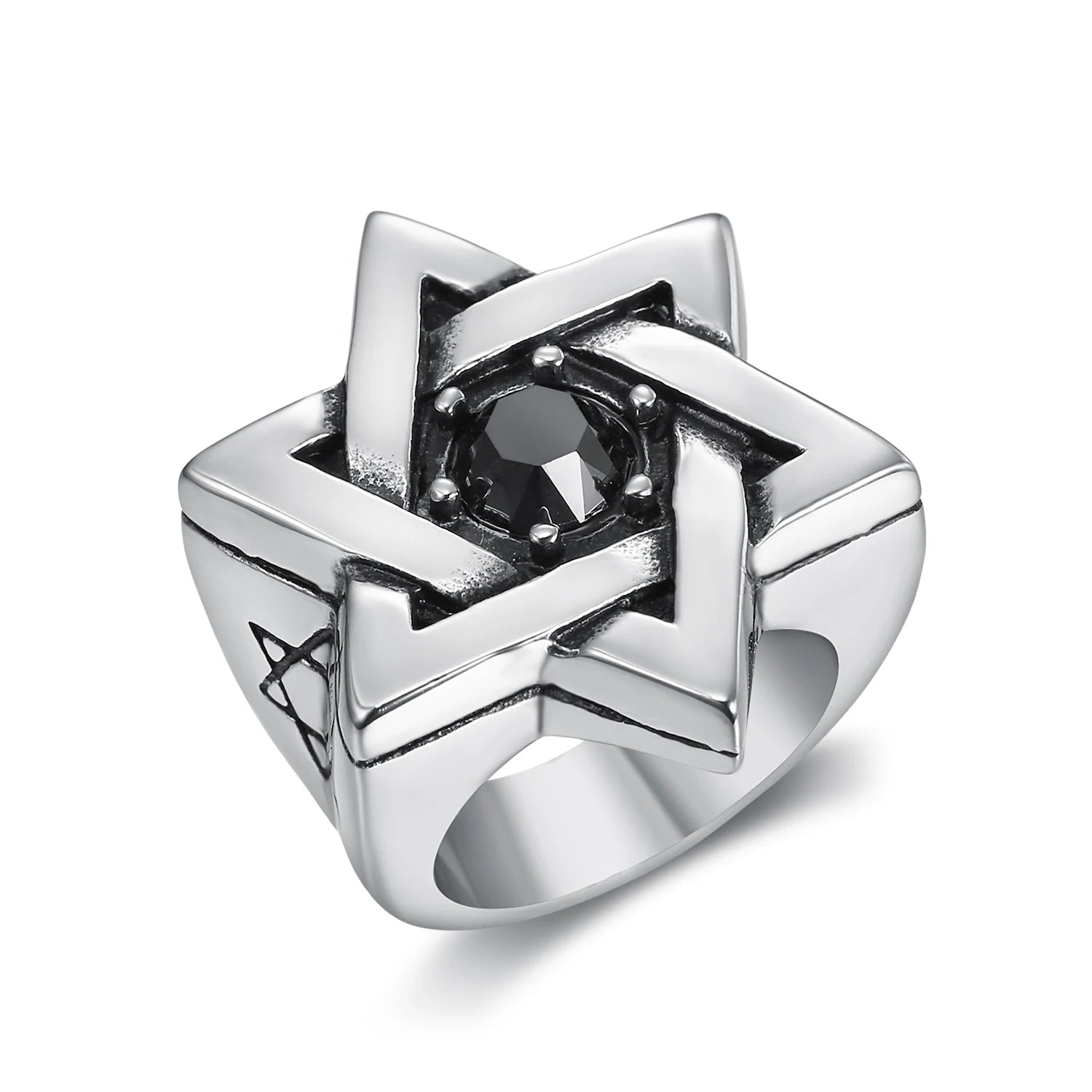 OEM ODM Men Religious Judaism Israel Jewish Jewelry  Stainless Steel Jewish Star  Black Diamond Signet Rings for Men Women