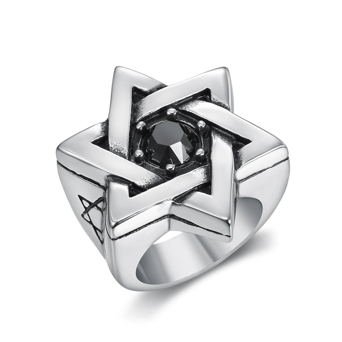 OEM ODM Men Religious Judaism Israel Jewish Jewelry Stainless Steel Jewish Star Black Diamond Signet Rings for Men Women