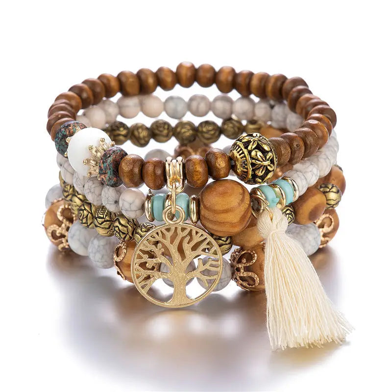 Wholesale New Bohemian Style Metal Ball Tree of Life Tassel Bracelet Set Multilayer Wooden Beaded Gold Plated Unisex Hot Selling