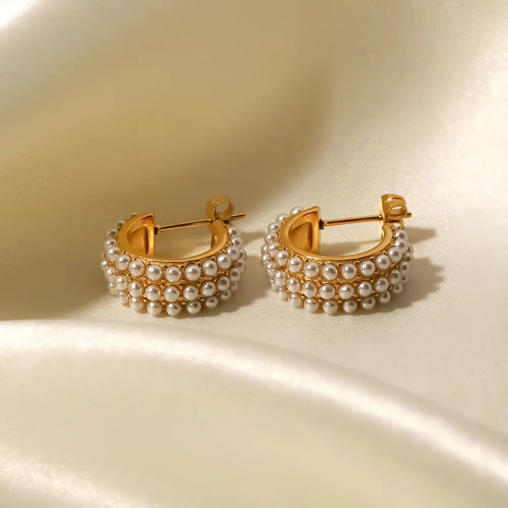 Popular Hypoallergenic Full Pearl Hoop Earrings Non Tarnish Pvd 18K Gold Plated Stainless Steel Stud Earrings Boucles Doreilles