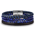 Hand-woven Man Black Blue Brown Braided Real Genuine Leather Bracelet Natural Stone Lapis Lazuli Tiger Eye Leather Bracelet
