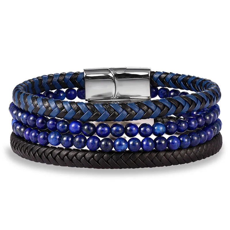 Hand-woven Man Black Blue Brown Braided Real Genuine Leather Bracelet Natural Stone Lapis Lazuli Tiger Eye Leather Bracelet