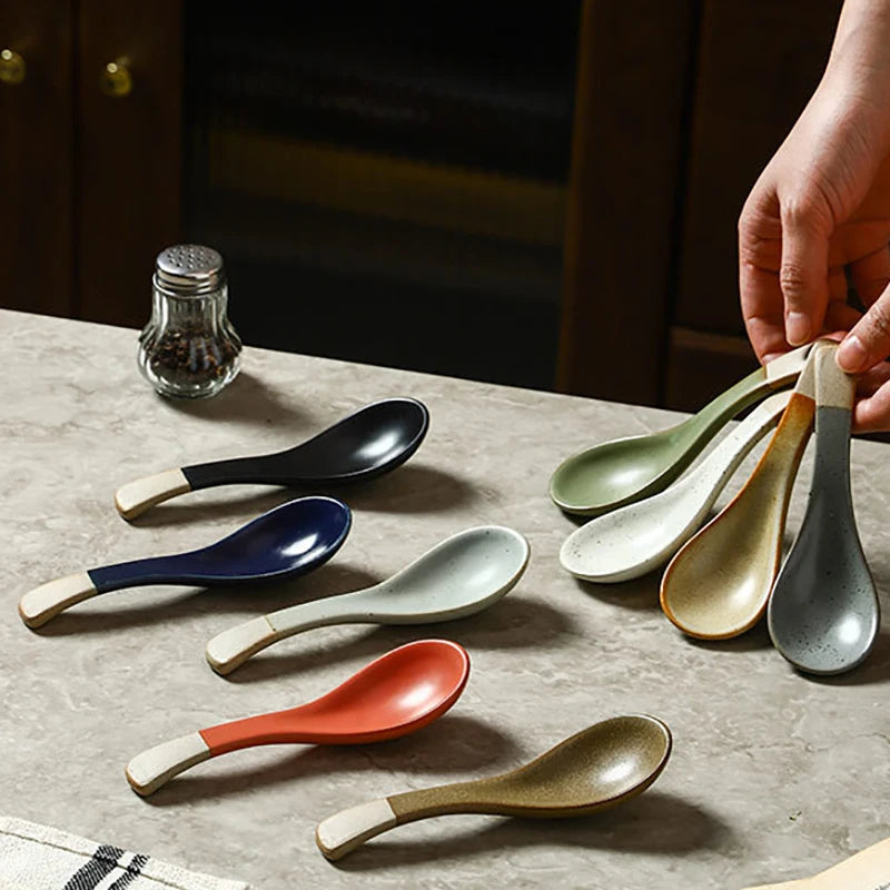 Simple Ceramic Rice Soup Spoon Nordic Tableware Hotel Restaurant Use Porcelain Ramen Spoon Round Utensil Tool Teaspoon
