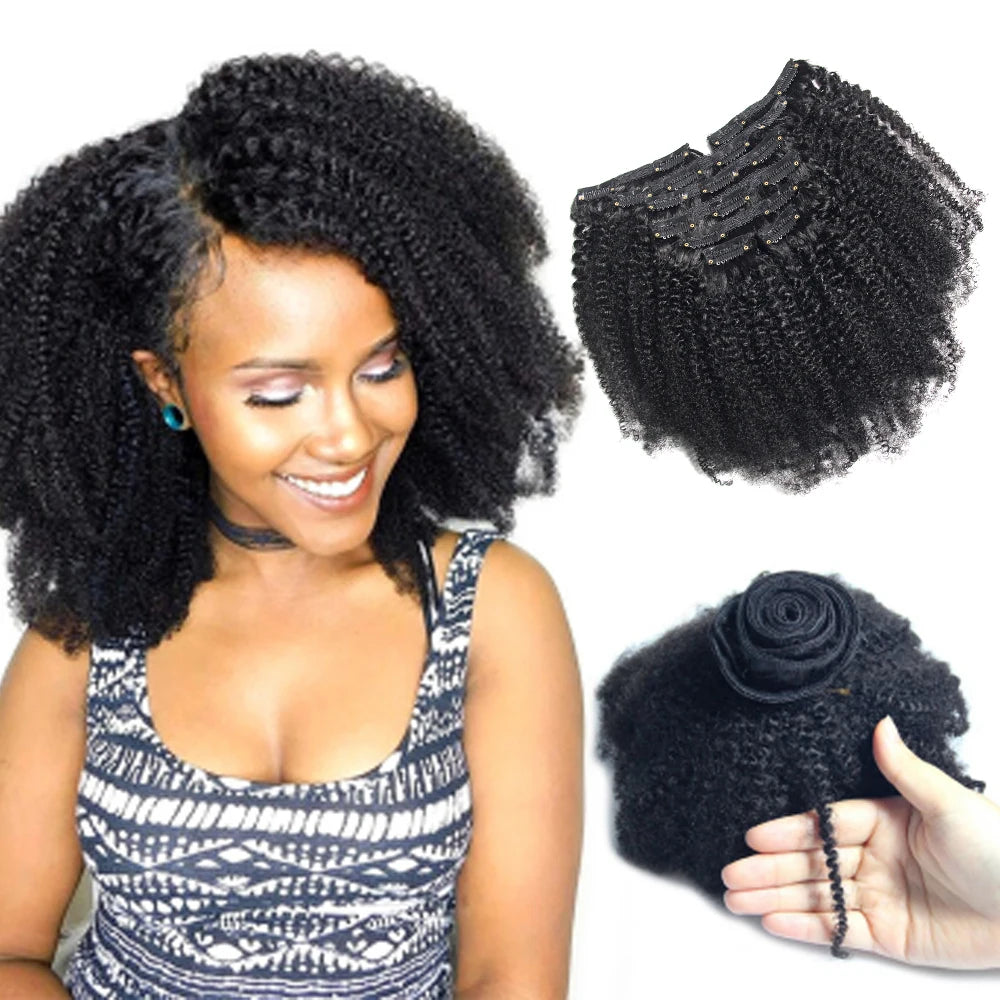 Customized 120g/set Virgin Brazilian Afro Kinky Curly Human Hair Clips in Hair for Black Womenafro Kinky 4a 4b 4c Hair Clip Ins