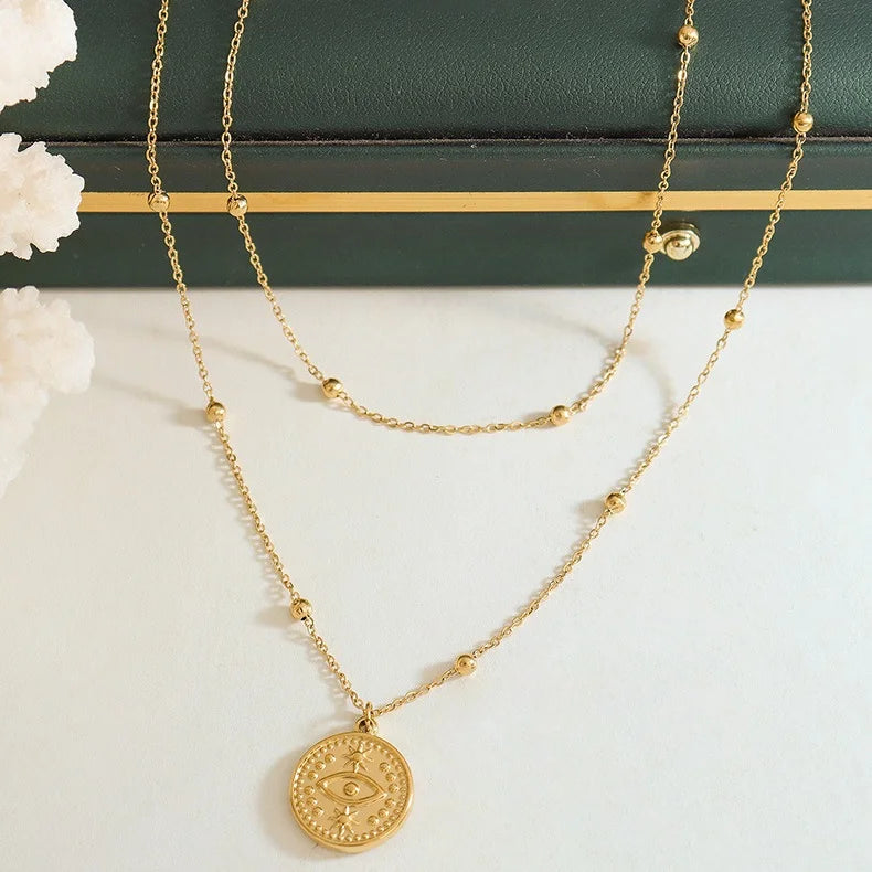 Vintage Spice Accessories 18k Gold Stacked Necklace One Eye Pendant Necklace