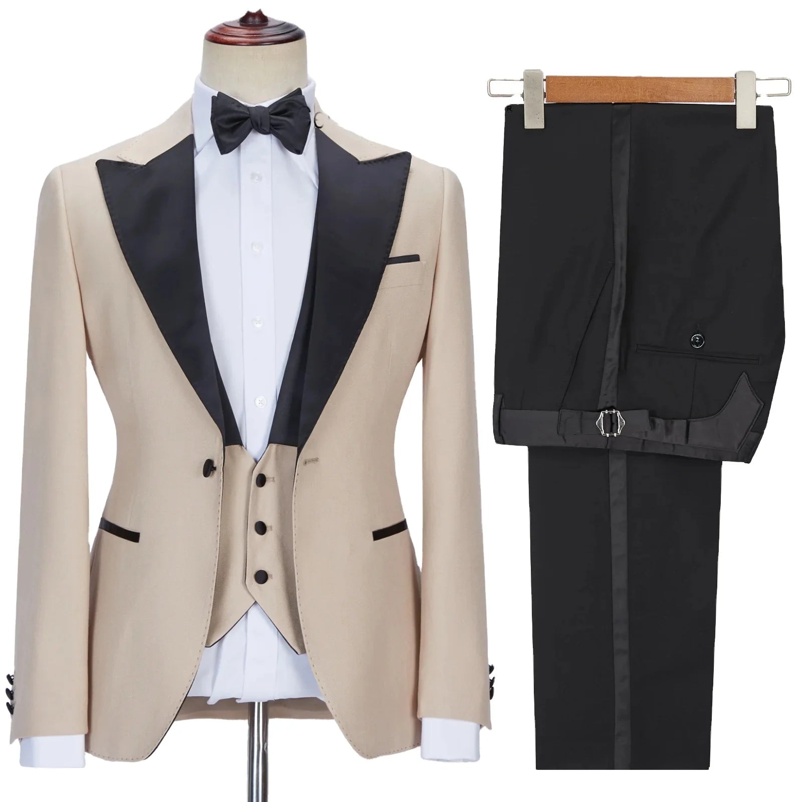 Beige Black Lapel Men Suit Peaked Collar One Button Jacket Vest Pants 3 Pieces Groomsmen Wedding Tuxedos Prom Suits for Man