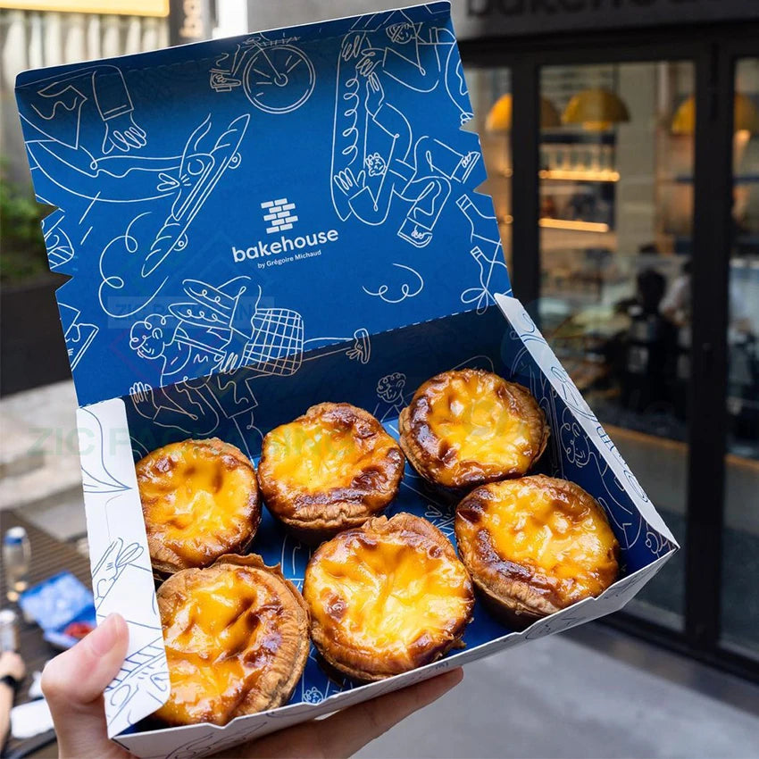 Customized Logo Designs Food Packing Bakery Box Takeaway Egg Tarts Paper Box Bake Cake Tarts Box with Paper Bag