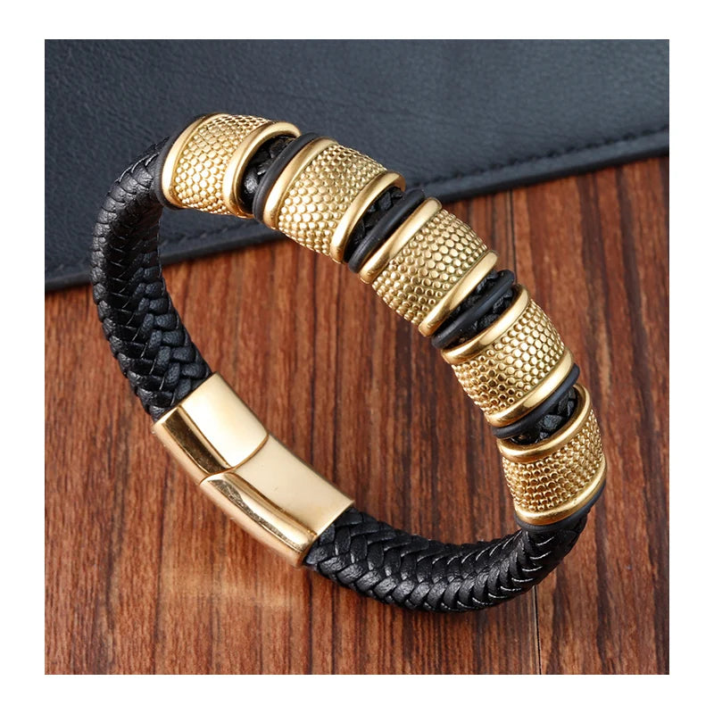 Stainless Steel Magnetic Buckle Men's Leather Bracelet Multilayer Genuine Leather Rope Woven Bracelet Hand Accessories Wholesale