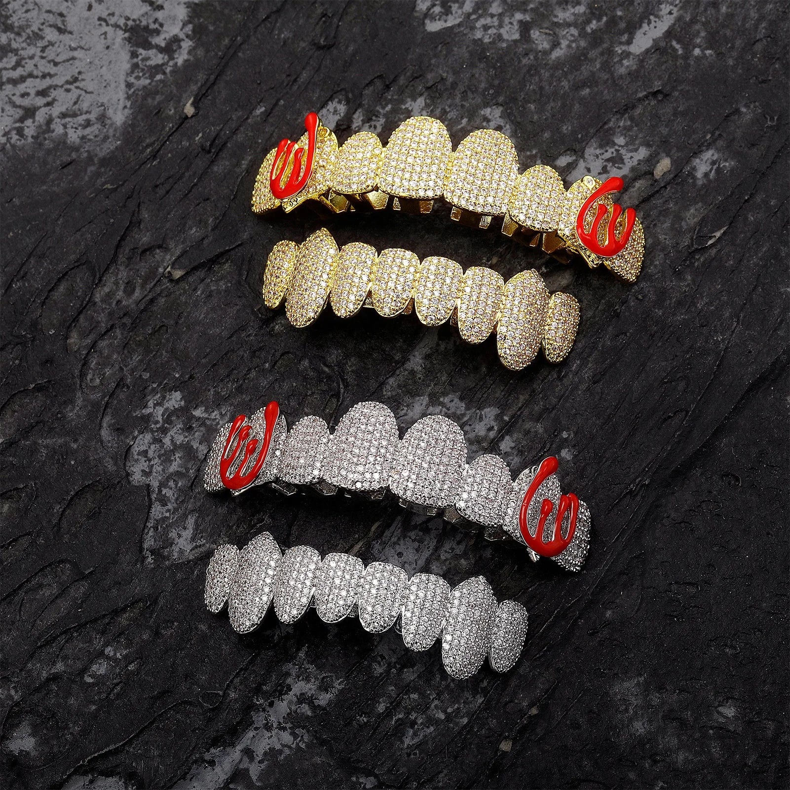 New Fashion Paved Zircon Brass Gold Teeth Grillz Set Men Bling Iced Out CZ Top Bottom Grills Dental Teeth Hip Hop Party Jewelry
