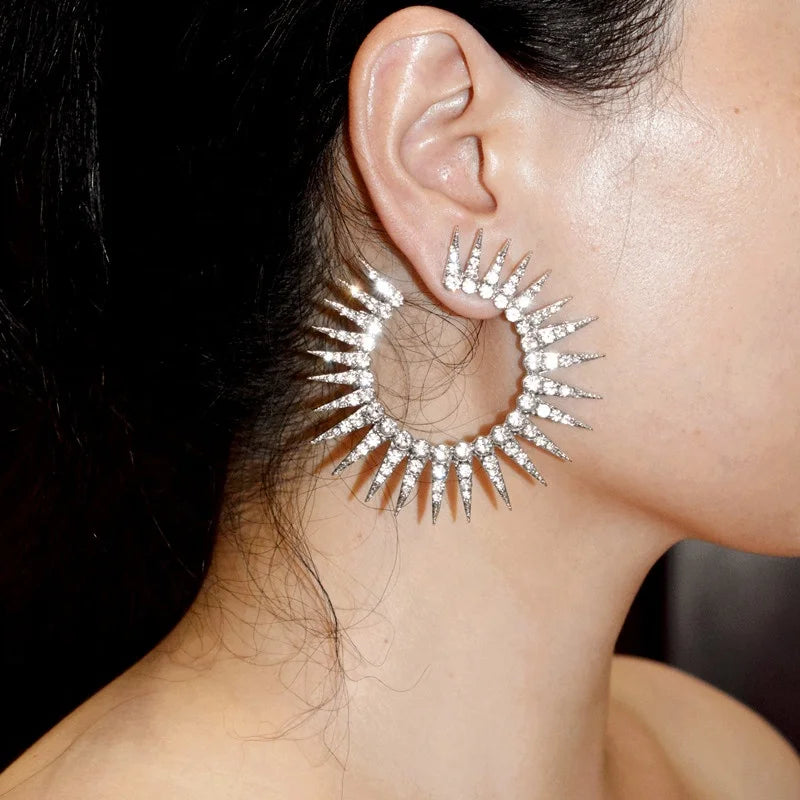 CAOSHI Vintage Silver Color Sun Shape Metal Hoop Earrings Punk Alloy Statement Earring for Women Jewelry