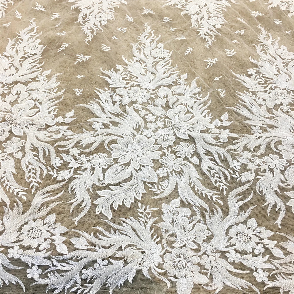 Handmade Retro Floral Beaded Lace Fabric Heavy Embroidery French Net Lace for Wedding Bridal Dress