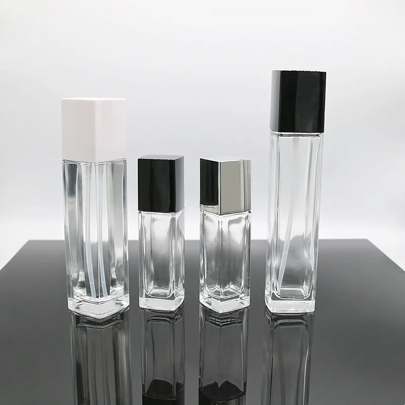 Made in China Transparent Cosmetics Glass Bottle 40ml 100ml 120ml Rectangular High-end Glass Bottle with Pump Head