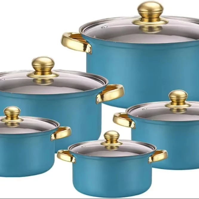 10-Piece Classic Stainless Steel Cookware Set Gold Handles Includes Kitchen Pots Casseroles Glass Soup Eco-Friendly Metal Design
