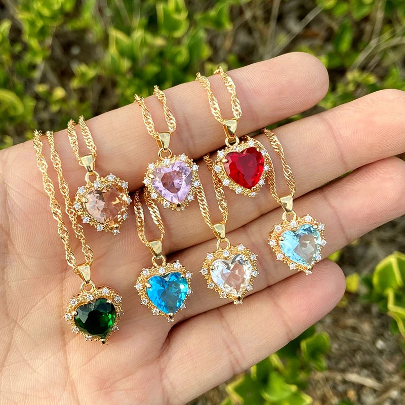 INS Style Gold Plated Copper Red Blue Pink Crystal Zircon Small Heart Shaped Pendant Necklace Jewelry for Woman