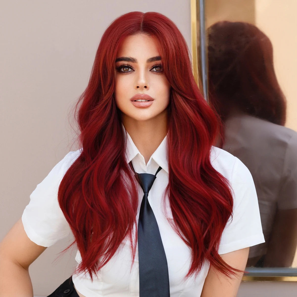 Long Red Wavy Wigs for Women Curly Middle Part Burgundy Wig Natural Looking Synthetic Heat Resistant Fiber Wigs