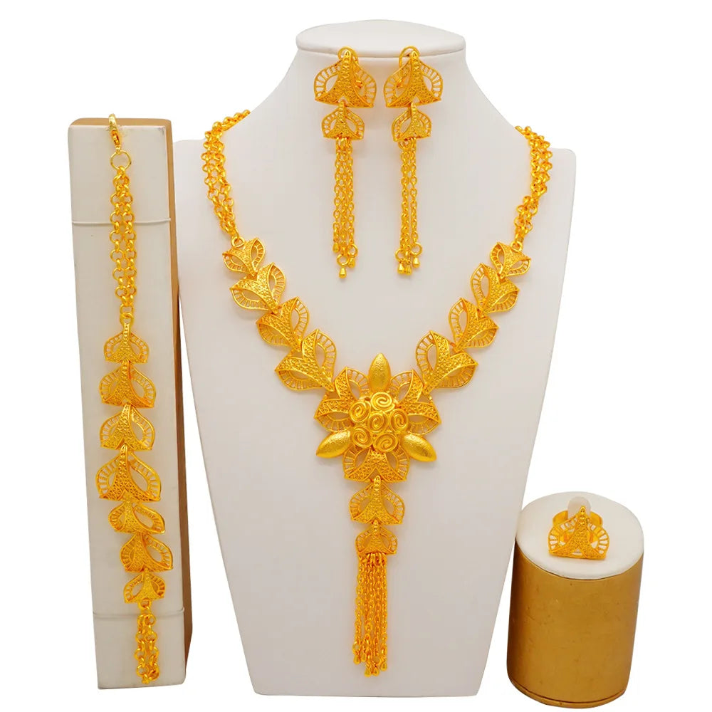 24K Gold Luxury Flower Dubai Color Jewelry Sets for Women Bridal Long Tassel Necklace for African Arab Wedding Gift