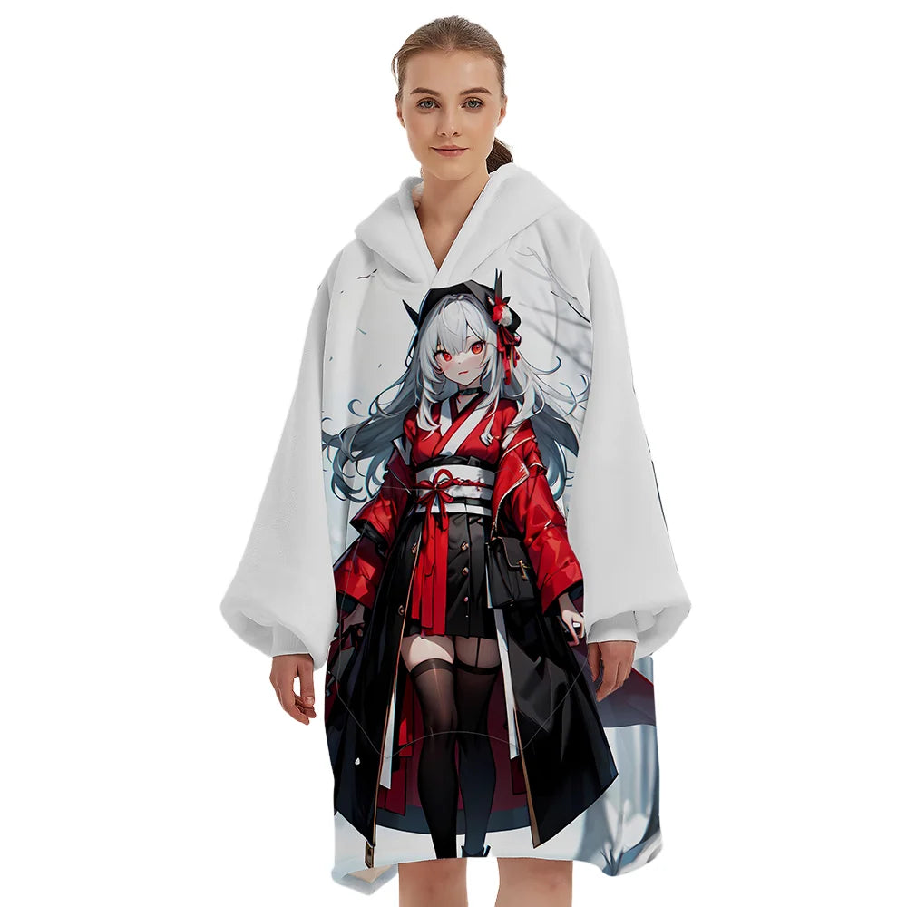 Original Factory Custom Anime Design Soft Sherpa Sweatshirt Wearable Hooded Blankets Oversized Hoodie Blanket