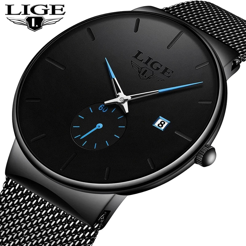 LIGE 2022 Fashion 9969 Mens Watches Top New Luxury Quartz Watch Men Casual Slim Mesh Steel Waterproof Sport Relogio Masculino