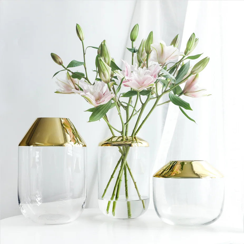 Modern Gold Plated Crystal Glass Vase Creative Transparent White Fresh Indoor Decor for Wedding Parties Living Tabletop Vase