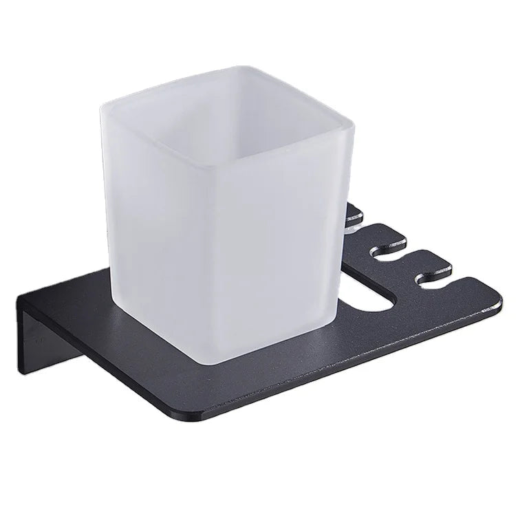 Wall-Mounted Single Aluminum Glass Cup Metal Toothbrush Holder Bathroom Accessories with Toothpaste Dispenser Toothbrush Rack