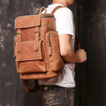17" Handmade Cowhide Leather Waterproof Backpack with Polyester Lining and Cover Closure Travel Rucksack for Men and Boys MegaBDM