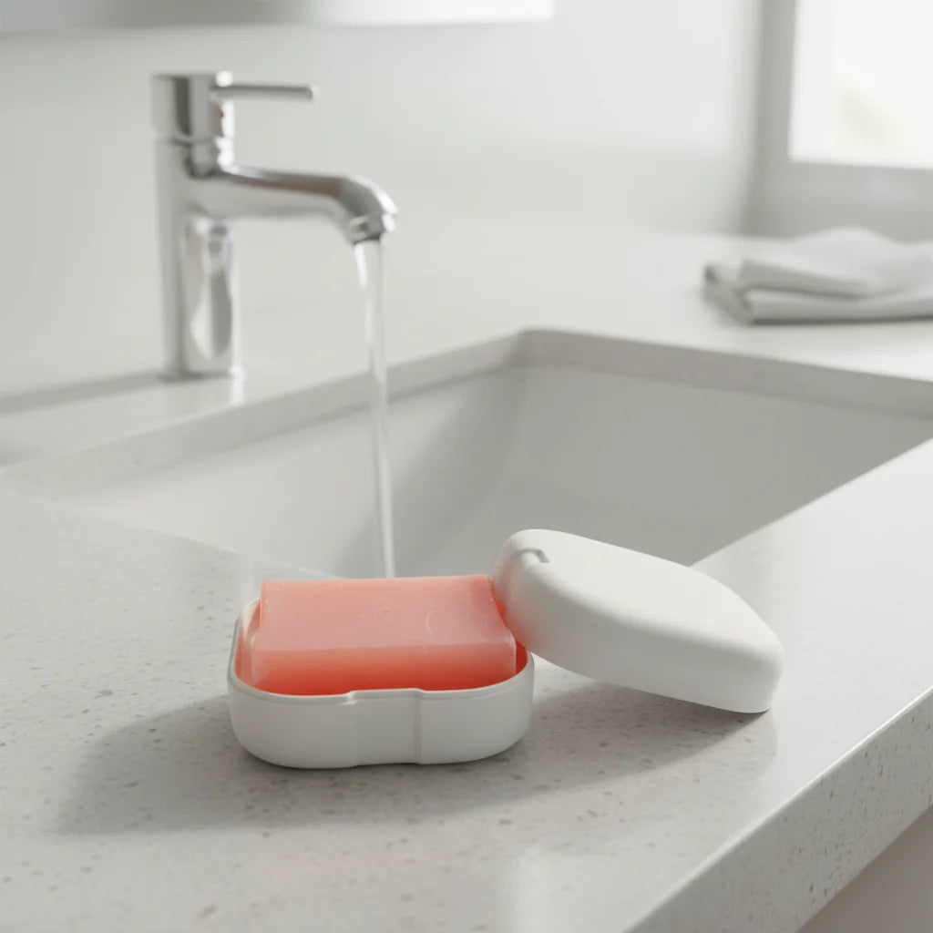 Modern Square Travel Bamboo Fiber Soap Holder with Cover Eco-Friendly Self Drain Portable Bathroom Dish