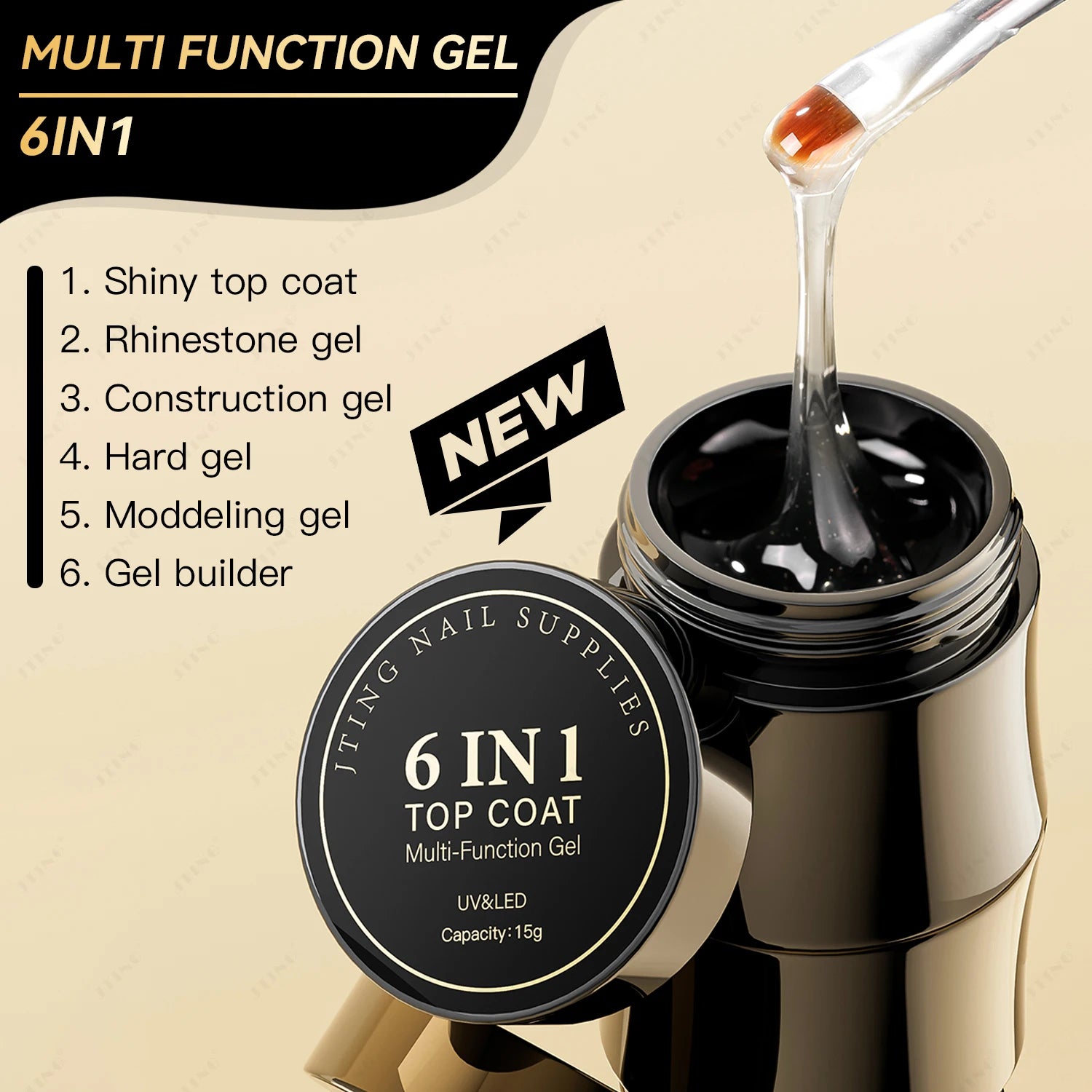 JTING Multifunction 6in1 Gel Shiny Hard Top Coat Various Effect Construction Gel Builder Modelling Leveling Gel Nail Polish