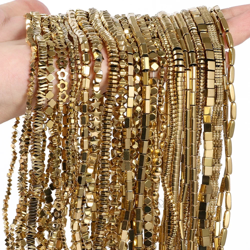 Kuoyu Rondelle Spacer Natural Hematite Beads Star/Tube/Cube Shape Real Gold Plating 38cm Strand Semi Gemstone for Jewelry Making