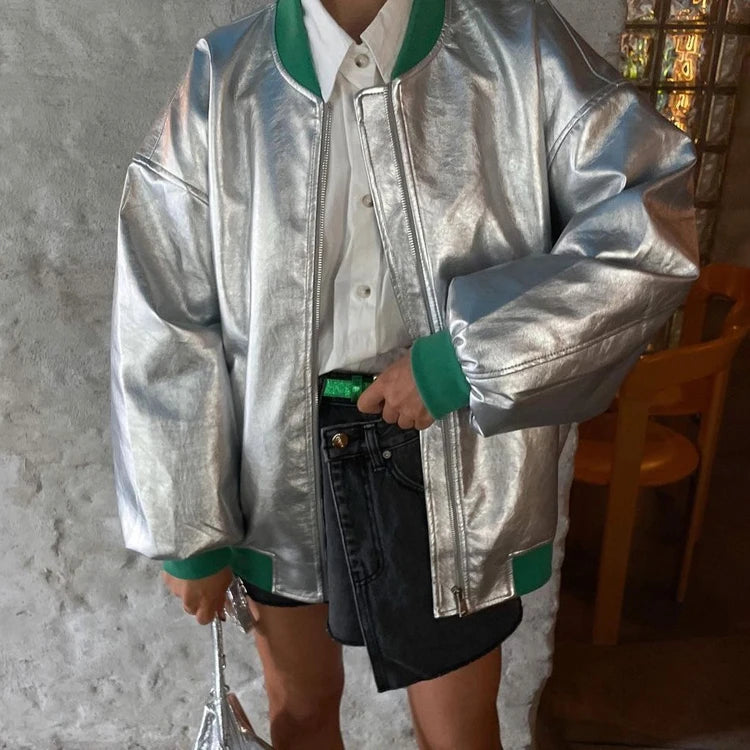 New Spring Patchwork Ribbed Metallic PU Windbreaker Women's Clothing Baseball Jacket Silver Zip up Leather Jackets for Women