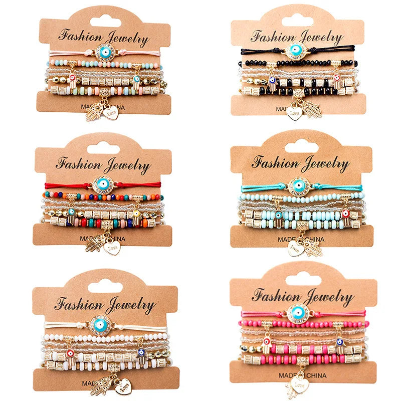 Fashion Bohemia Devil Eye Multi-layer Beaded  Bracelets Classic Stacking Stretch Charm Handmade Bracelets Set Jewelry for Women