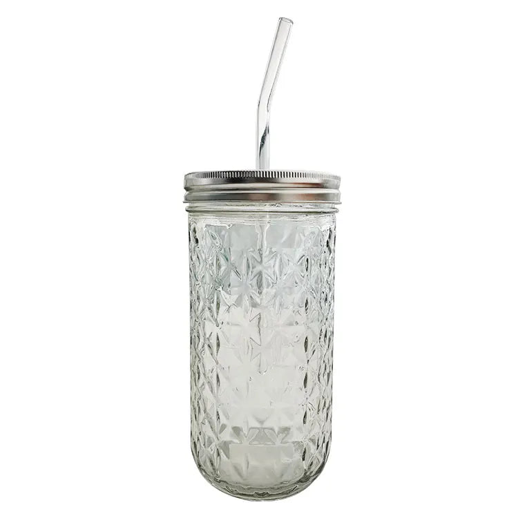 Customized Logo Glasses Bottle With Drinking Embossed Water and Juice Glass Cup With Stainless Steel Lid and Straw