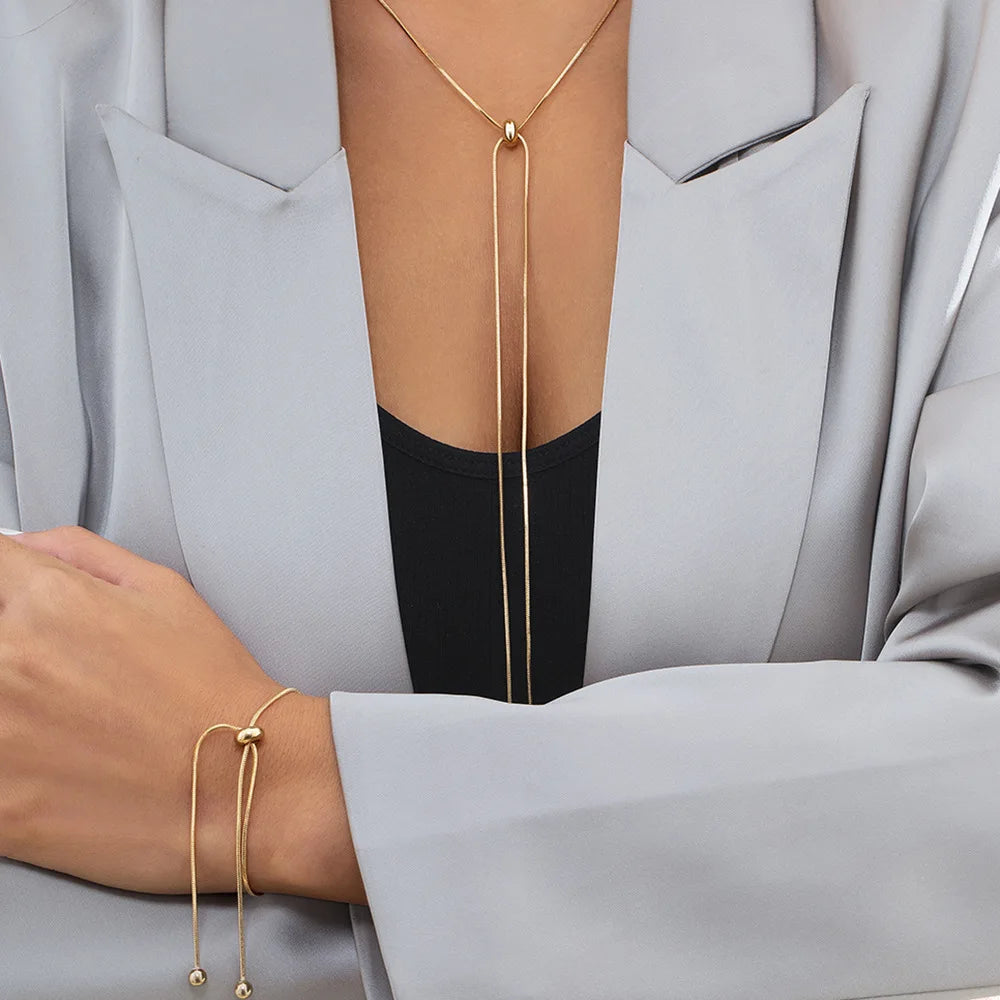 2023 New Arrival Fashion Jewelry Simple Long Tassel Necklace Adjustable Metal square Snake Chain Necklace Sets for Women