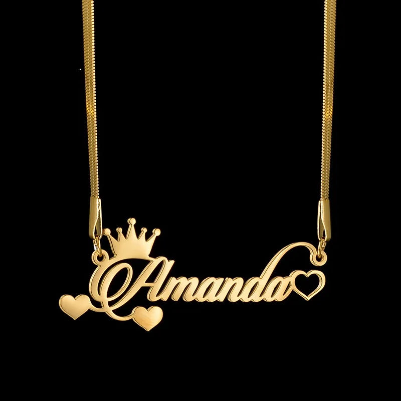 Custom Name Crown Heart Necklace 18K Vacuum Gold Stainless Steel Personalized Nameplate Pendant for Women Gift Wholesale MegaBDM