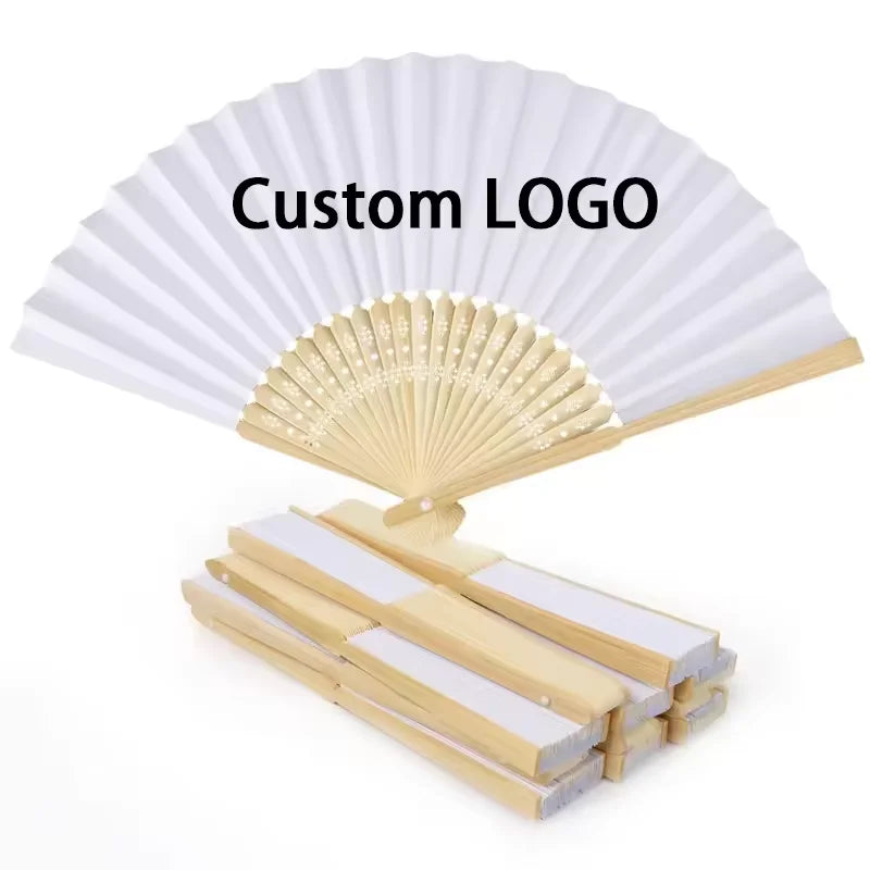 Abanicos Custom Design Women Personalized Bamboo White Silk Wedding Hand Fan Logo