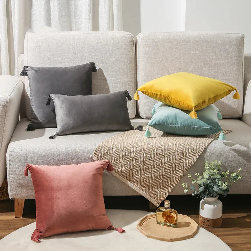 Cushion Cover Side Fringe Tassel Velvet Cushion Covers With Zip/Fluffy Tassel Pillow Case