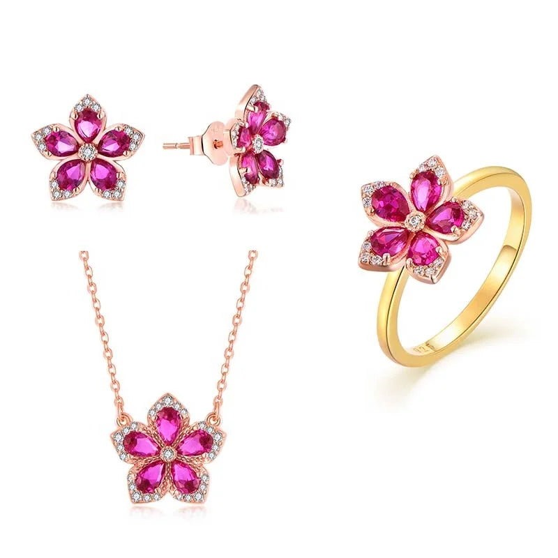 QX Custom Luxury 18K Gold Plated 925 Silver Flower Earrings Rings Necklaces Fine Cubic Zirconia Jewelry Set Woman Women Gift