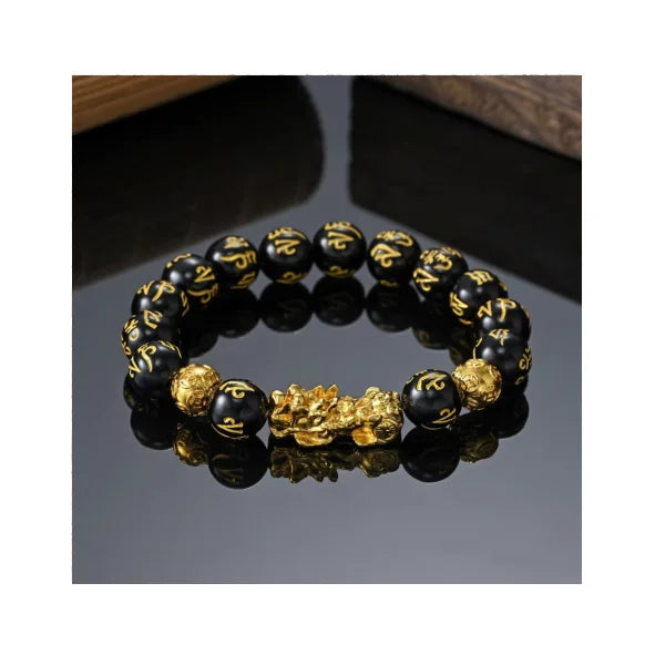 Chinese Feng Shui Pi Xiu Obsidian Wristband Gold Wealth and Good Luck Bracelet Pulsera Obsidian Crystal Beads Bracelet for Men