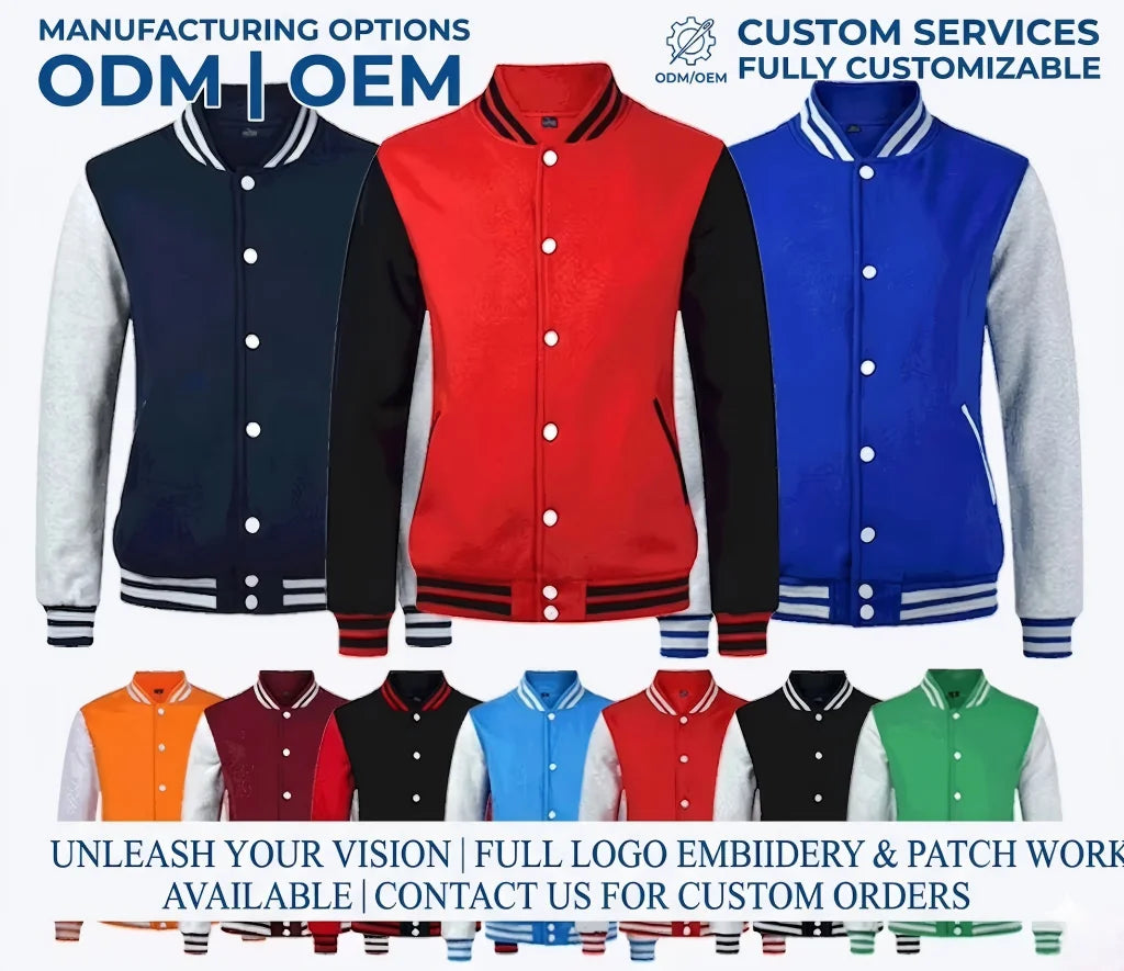 Wholesale Unisex Varsity Baseball Jacket Polyester Cotton Blank Streetwear Jacket Custom Logo Plus Size