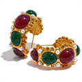 JINYOU 2569 Stainless Steel C-Shaped French Charm Earrings Jewelry Vintage Red Green Resin Stone Simulated Pearls Gold Bijoux