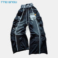 Vintage Distressed Embroidery Patch Cut&Sew Washed Cargo Proket Stripe Double Waist Flare Sweatpants Men Utility Trackpants