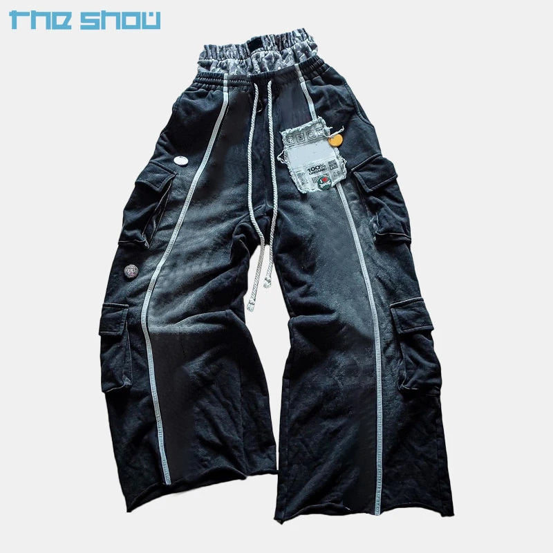 Vintage Distressed Embroidery Patch Cut&Sew Washed Cargo Proket Stripe Double Waist Flare Sweatpants Men Utility Trackpants