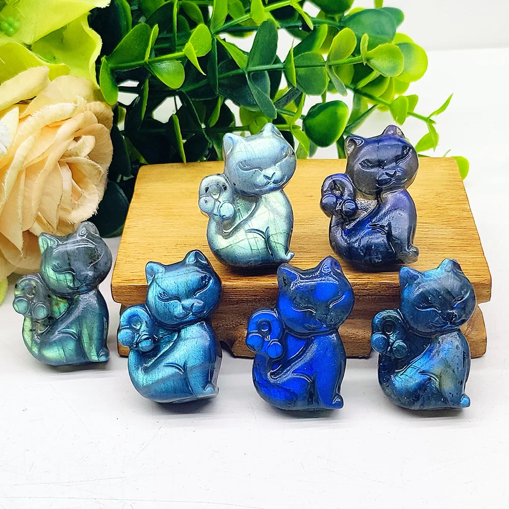 Quartz Carvings Wholesale Natural Healing Stones Gemstone Labradorite Cat Animal Carved Crystal