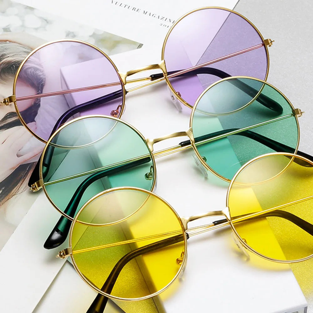 Round 60's Style Hipster Sunglasses for Women Pink Purple Blue Lens Colors Metal Black Frame PC AC Lenses UV Optical Laser Logo