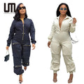 Liu Ming New Fashion Women Casual Zipper Fly Long Sleeve Pocket Elastic Waist One Piece Suit Cargo Jumpsuit
