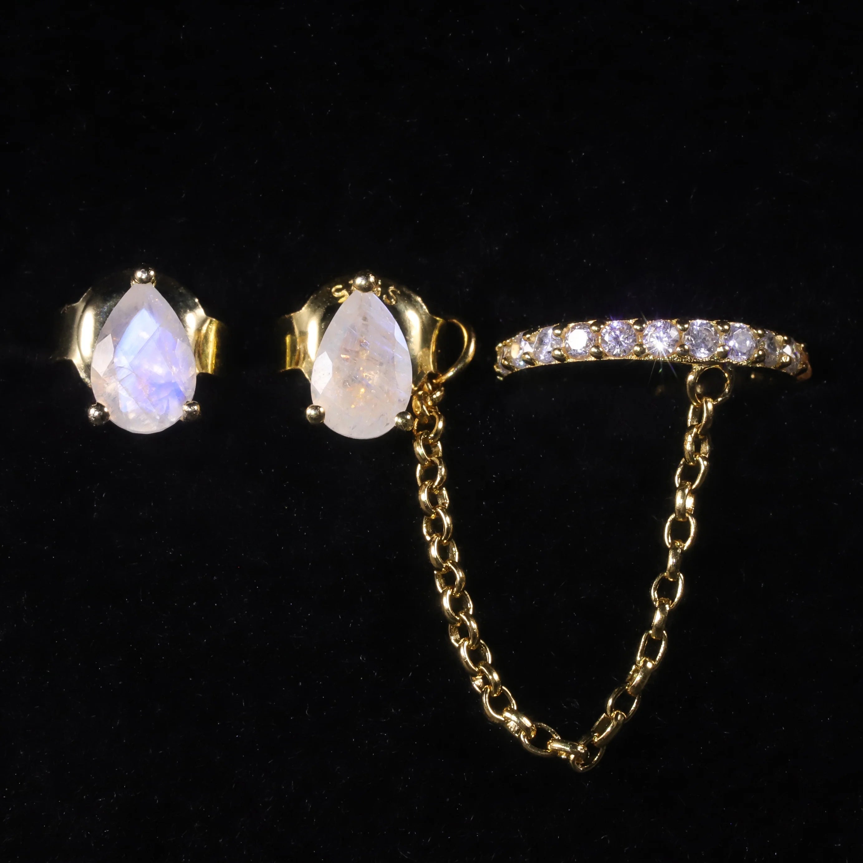 F0552 Abiding Fashion Fine Jewelry Pear 4x6MM Moonstone 925 Sterling Silver Long Chain Stud Ear Cuff Earrings