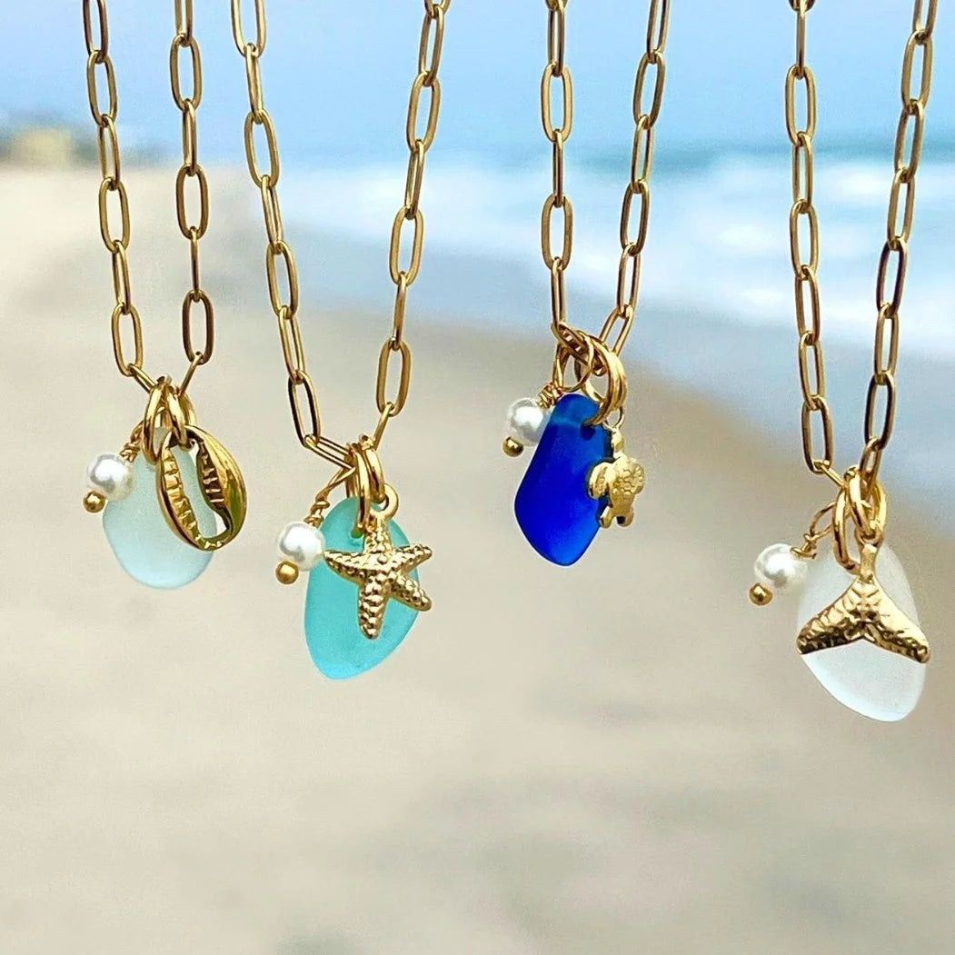 Ocean Shell Natural Stone Chalcedony Freshwater Pearl Starfish Pendant Necklace Heart Shape Pattern 18K Gold Trendy INS