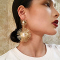 SC Exaggerated Big Pearl Dangle Statement Earrings Fashion Model Catwalk Long Gold Plated Double Flowering Sun Earrings Women