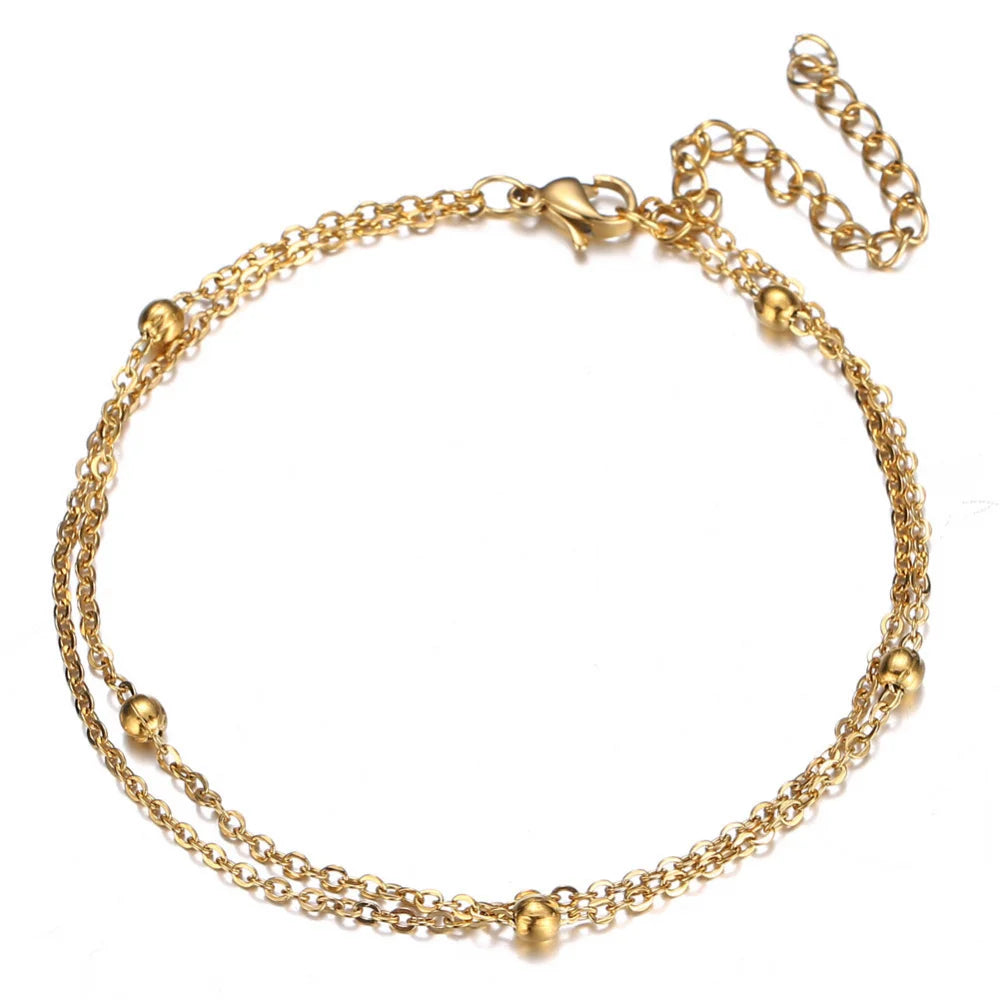 New Double Layer Simple Bead Chain Ladies Ankle Bracelet Fashion Jewelry Stainless Steel Anklets
