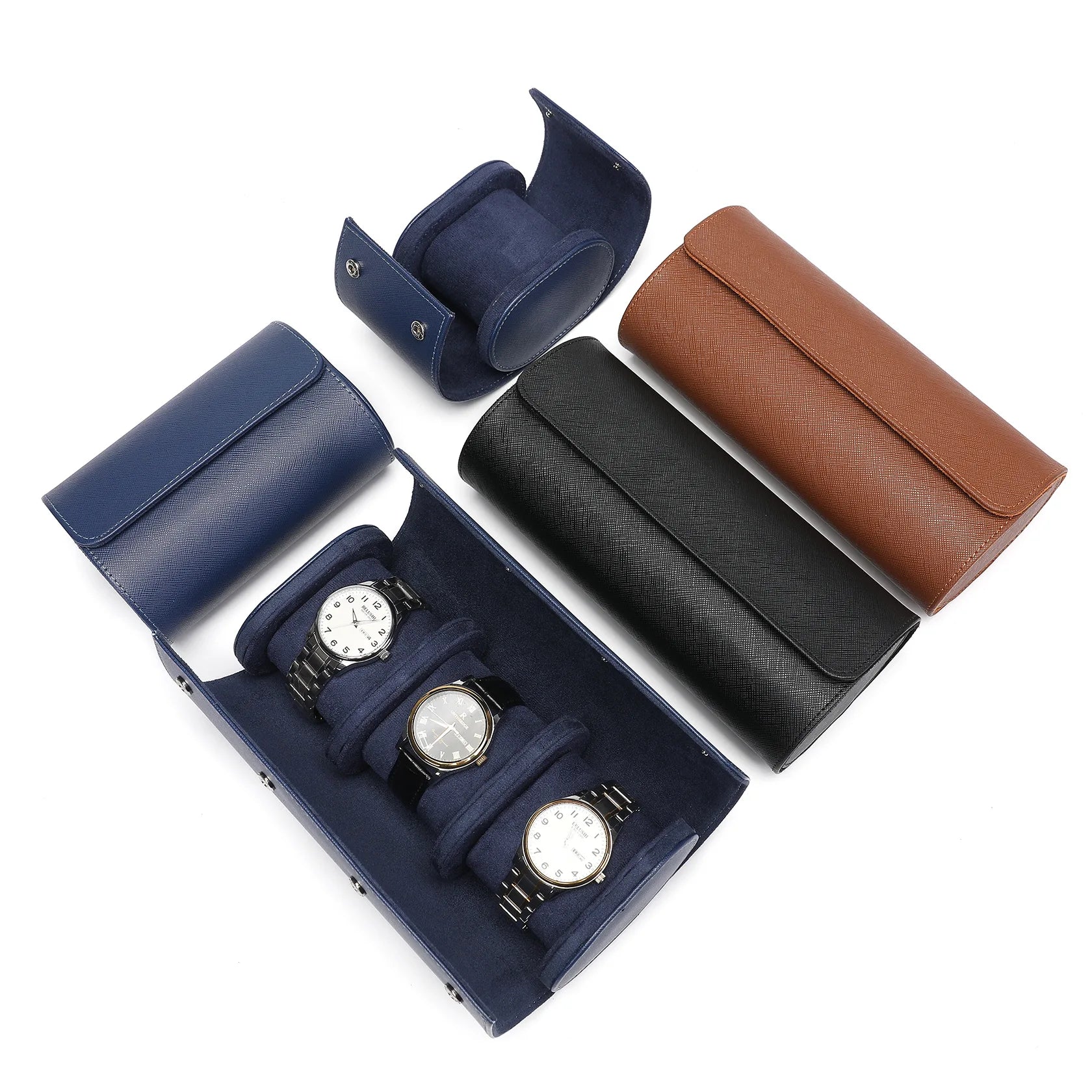 Customizable 3-Slot PU Leather Suede Watch Travel Roll Bag Black Brown Logo-Portable Watch Cases Model PWW718Three Factory